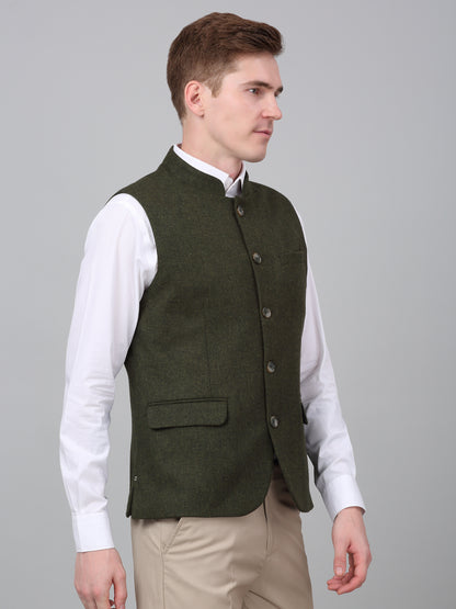 Men Green Self Design Formal Band Collar Sleeveless Waist Coat