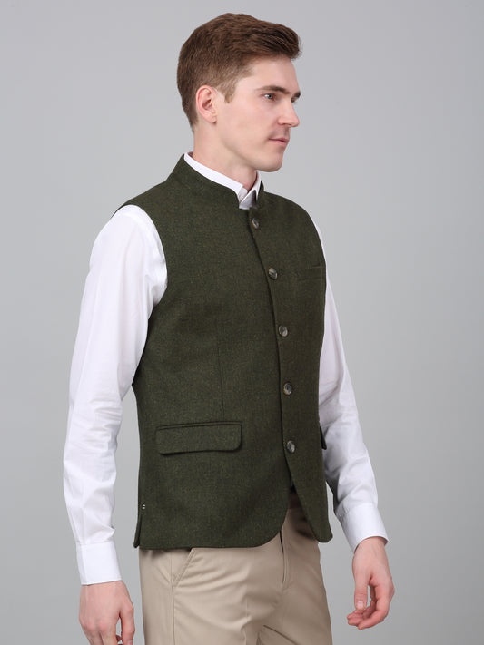 Men Green Self Design Formal Band Collar Sleeveless Waist Coat