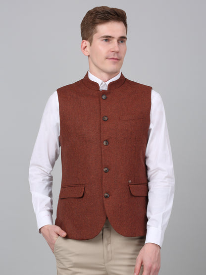 Men Rust Self Design Formal Band Collar Sleeveless Waist Coat