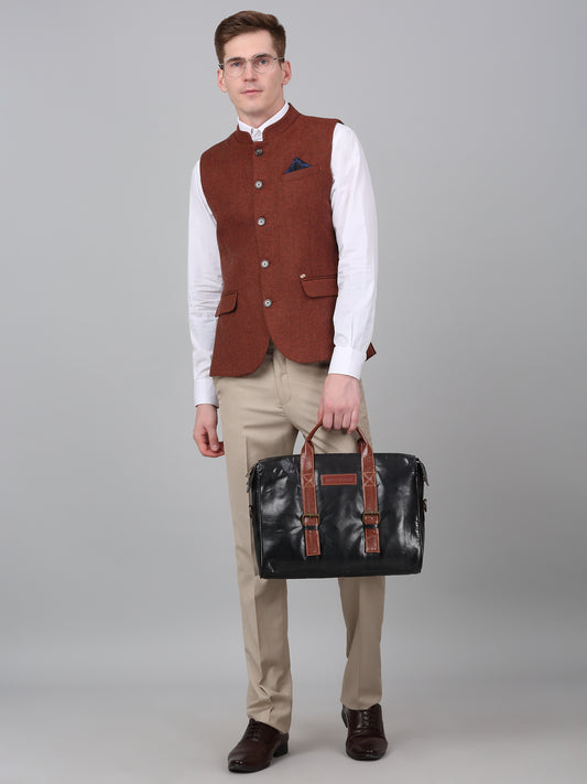 Men Rust Self Design Formal Band Collar Sleeveless Waist Coat