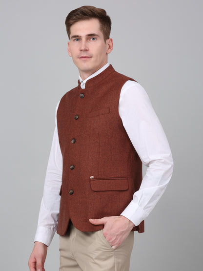 Men Rust Self Design Formal Band Collar Sleeveless Waist Coat