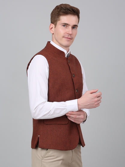Men Rust Self Design Formal Band Collar Sleeveless Waist Coat