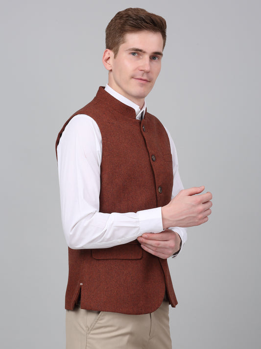Men Rust Self Design Formal Band Collar Sleeveless Waist Coat