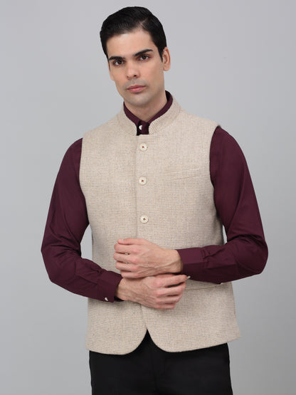 Men Beige Self Design Formal Band Collar Sleeveless Waist Coat