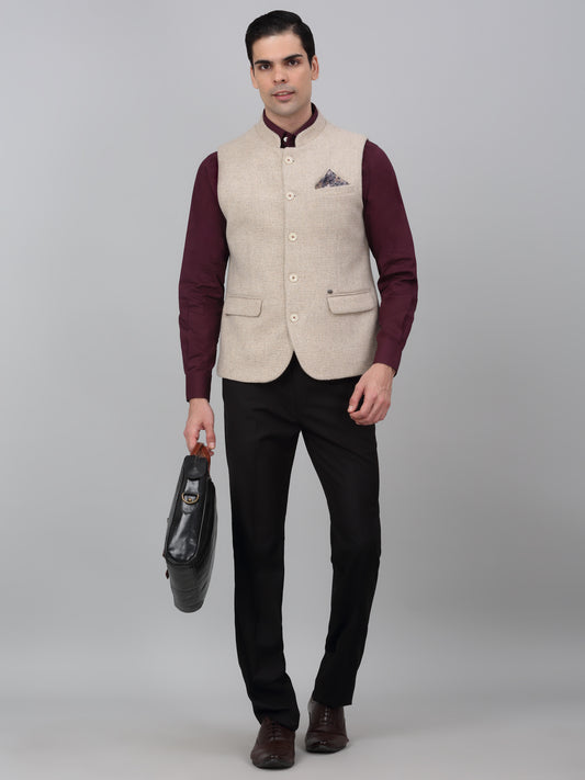 Men Beige Self Design Formal Band Collar Sleeveless Waist Coat