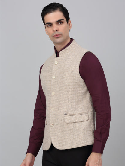 Men Beige Self Design Formal Band Collar Sleeveless Waist Coat