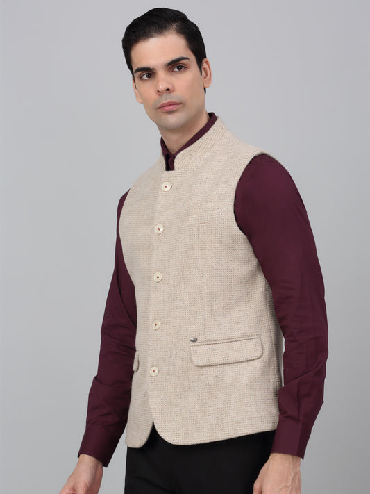 Men Beige Self Design Formal Band Collar Sleeveless Waist Coat
