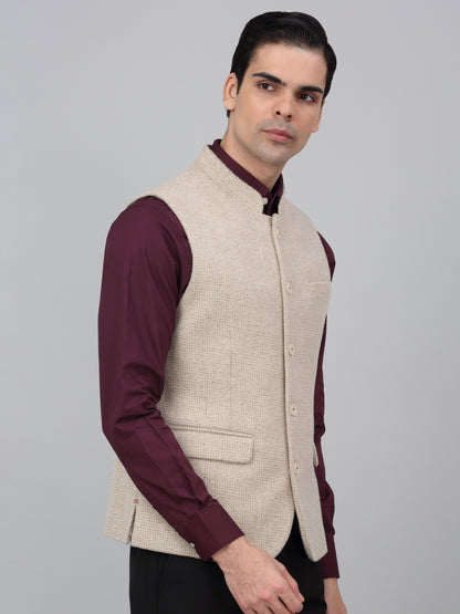 Men Beige Self Design Formal Band Collar Sleeveless Waist Coat