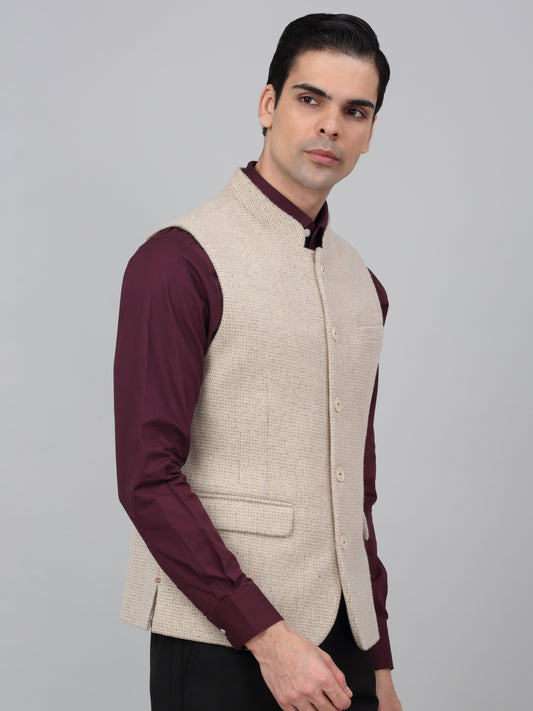 Men Beige Self Design Formal Band Collar Sleeveless Waist Coat