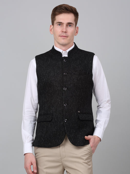 Men Black Self Design Formal Band Collar Sleeveless Waist Coat