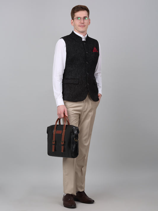 Men Black Self Design Formal Band Collar Sleeveless Waist Coat