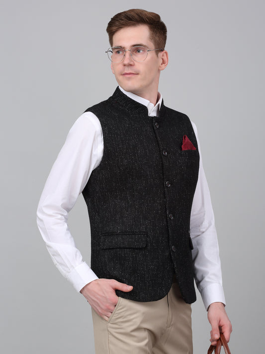 Men Black Self Design Formal Band Collar Sleeveless Waist Coat