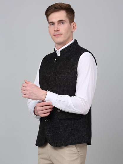 Men Black Self Design Formal Band Collar Sleeveless Waist Coat