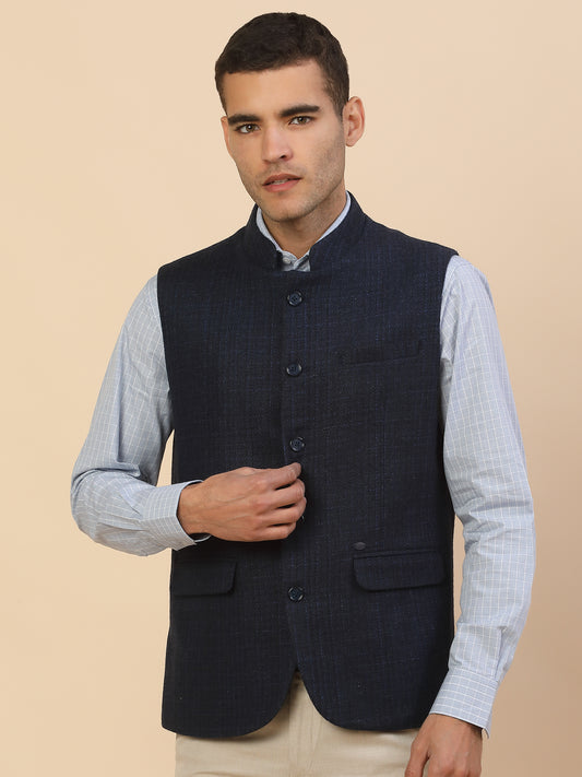 Waist Coat for Men l Premium Formal Waist Coat Slim Fit Band Collar Wool Blend Fabric Self Design Pattern