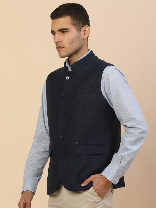 Waist Coat for Men l Premium Formal Waist Coat Slim Fit Band Collar Wool Blend Fabric Self Design Pattern