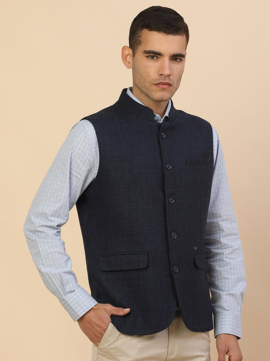 Waist Coat for Men l Premium Formal Waist Coat Slim Fit Band Collar Wool Blend Fabric Self Design Pattern