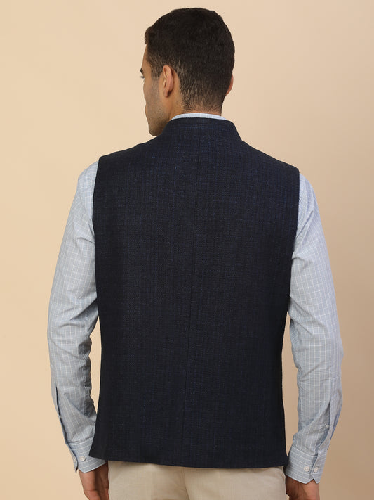 Waist Coat for Men l Premium Formal Waist Coat Slim Fit Band Collar Wool Blend Fabric Self Design Pattern