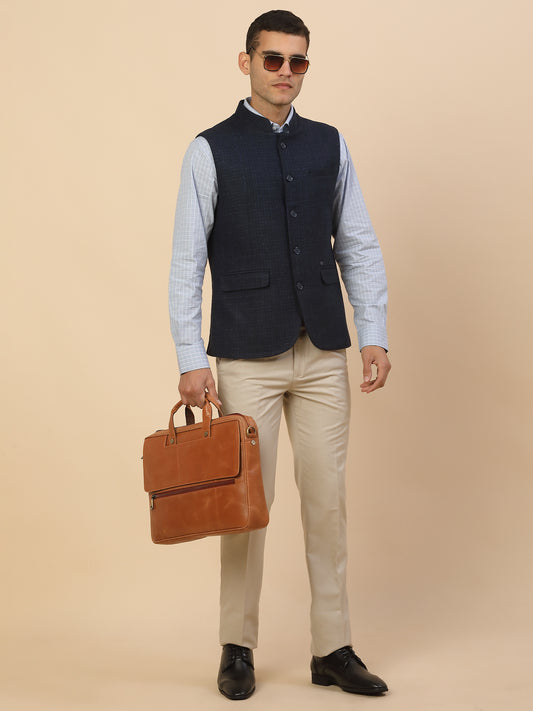 Waist Coat for Men l Premium Formal Waist Coat Slim Fit Band Collar Wool Blend Fabric Self Design Pattern
