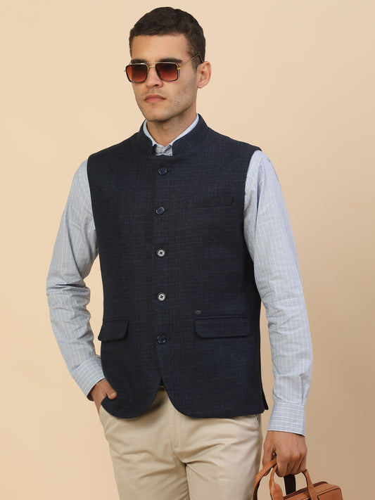 Waist Coat for Men l Premium Formal Waist Coat Slim Fit Band Collar Wool Blend Fabric Self Design Pattern