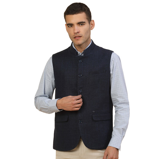 Waist Coat for Men l Premium Formal Waist Coat Slim Fit Band Collar Wool Blend Fabric Self Design Pattern