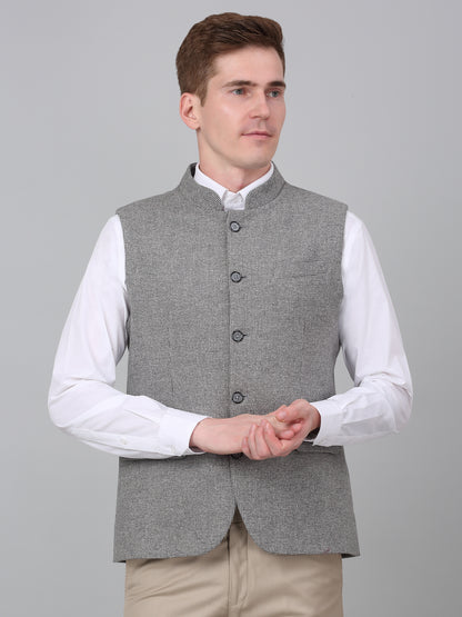 Men Grey Self Design Formal Band Collar Sleeveless Waist Coat