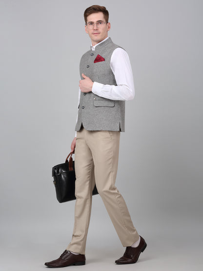 Men Grey Self Design Formal Band Collar Sleeveless Waist Coat