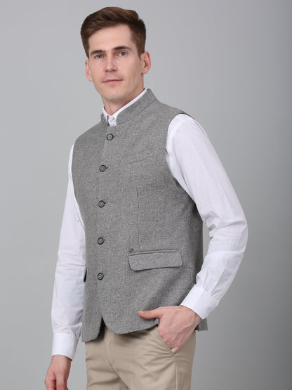 Men Grey Self Design Formal Band Collar Sleeveless Waist Coat