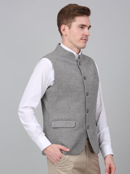 Men Grey Self Design Formal Band Collar Sleeveless Waist Coat