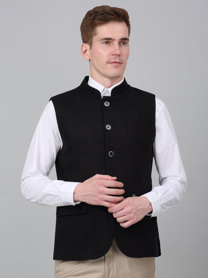 Men Black Self Design Formal Band Collar Sleeveless Waist Coat