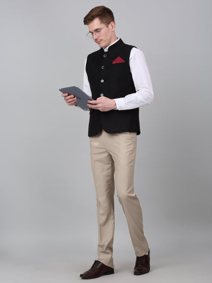 Men Black Self Design Formal Band Collar Sleeveless Waist Coat