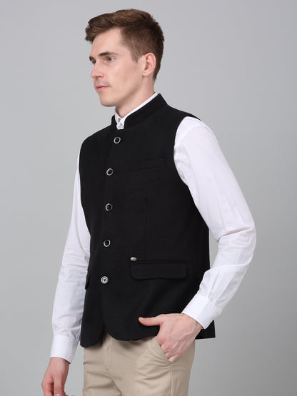 Men Black Self Design Formal Band Collar Sleeveless Waist Coat