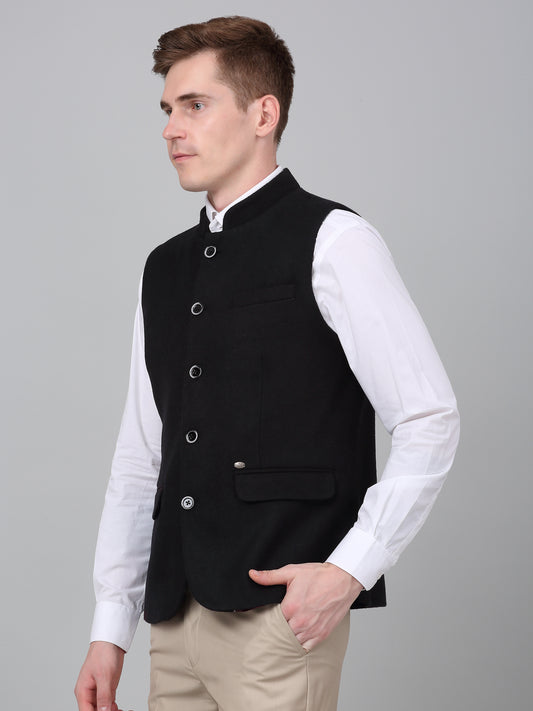 Men Black Self Design Formal Band Collar Sleeveless Waist Coat