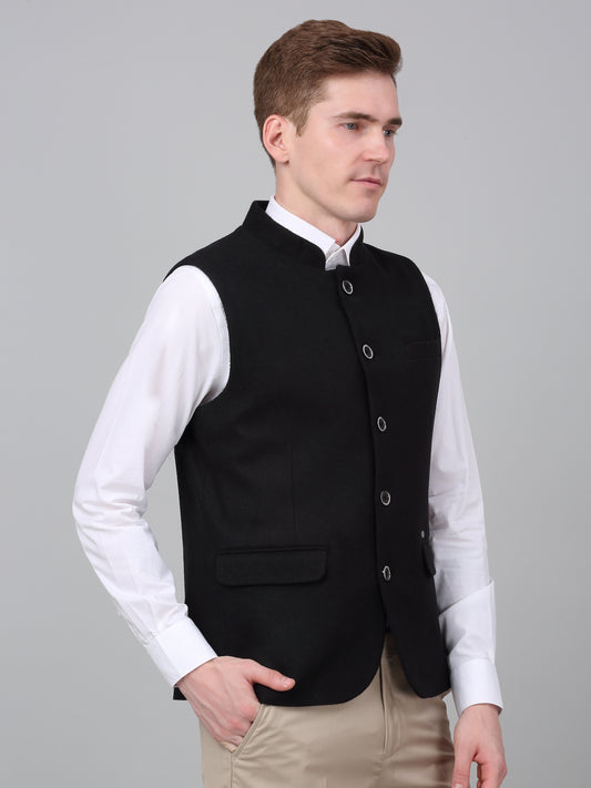 Men Black Self Design Formal Band Collar Sleeveless Waist Coat