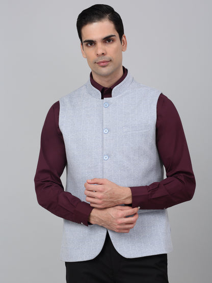 Men Blue Check Formal Band Collar Sleeveless Waist Coat