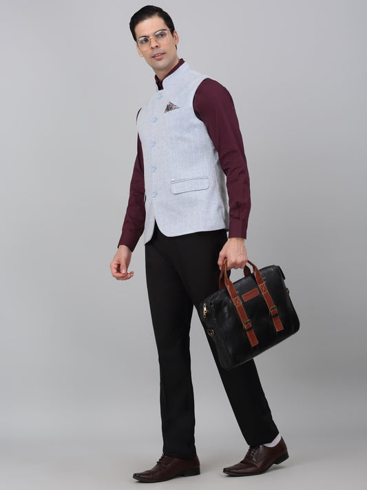 Men Blue Check Formal Band Collar Sleeveless Waist Coat