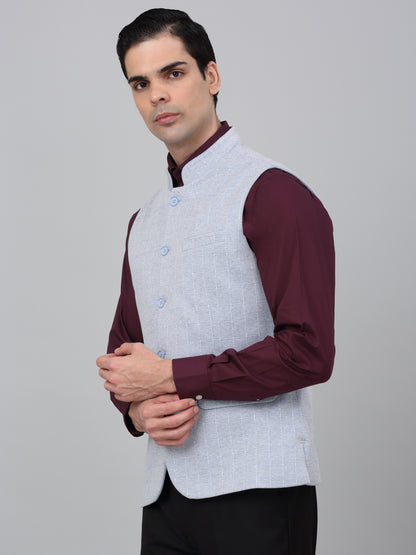 Men Blue Check Formal Band Collar Sleeveless Waist Coat