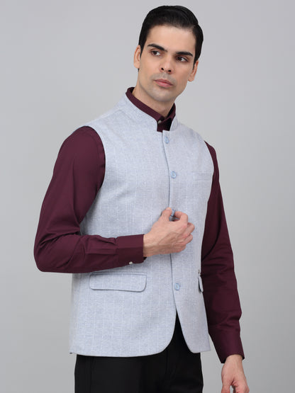 Men Blue Check Formal Band Collar Sleeveless Waist Coat