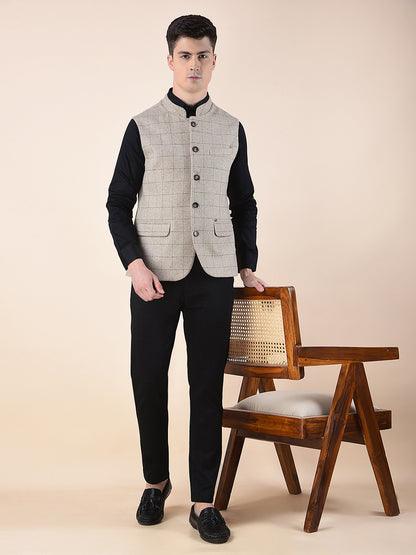 Waist Coat for Men | Premium Casual Waist Coat Regular Fit Mandarin Collar Wool Blend Fabric Checkered Pattern