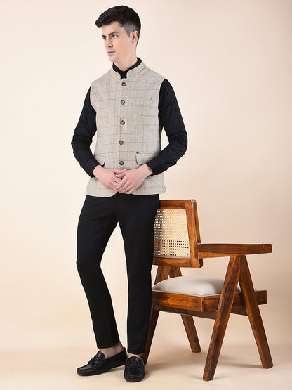 Waist Coat for Men | Premium Casual Waist Coat Regular Fit Mandarin Collar Wool Blend Fabric Checkered Pattern