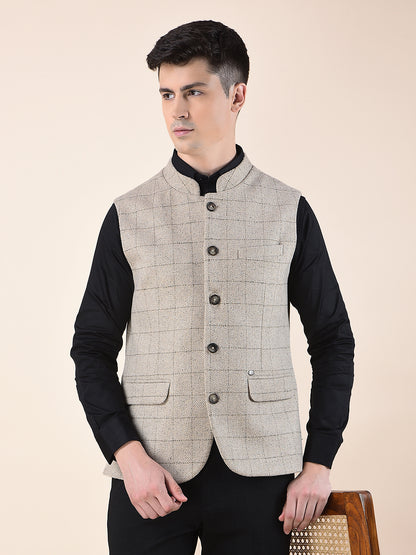 Waist Coat for Men | Premium Casual Waist Coat Regular Fit Mandarin Collar Wool Blend Fabric Checkered Pattern