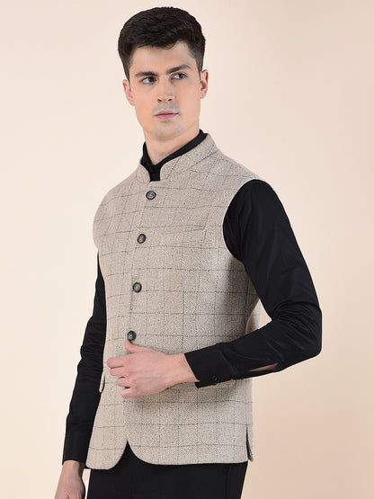 Waist Coat for Men | Premium Casual Waist Coat Regular Fit Mandarin Collar Wool Blend Fabric Checkered Pattern