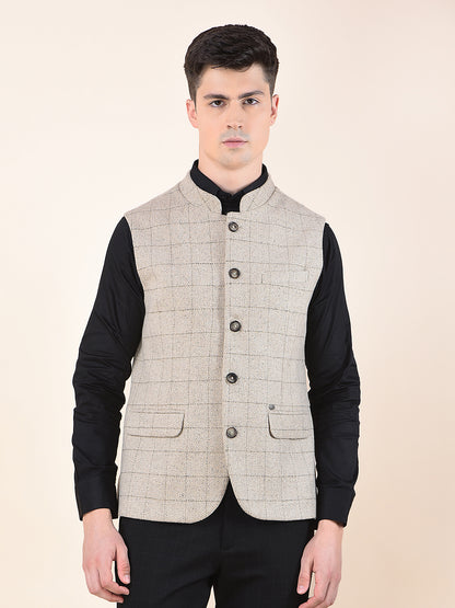 Waist Coat for Men | Premium Casual Waist Coat Regular Fit Mandarin Collar Wool Blend Fabric Checkered Pattern