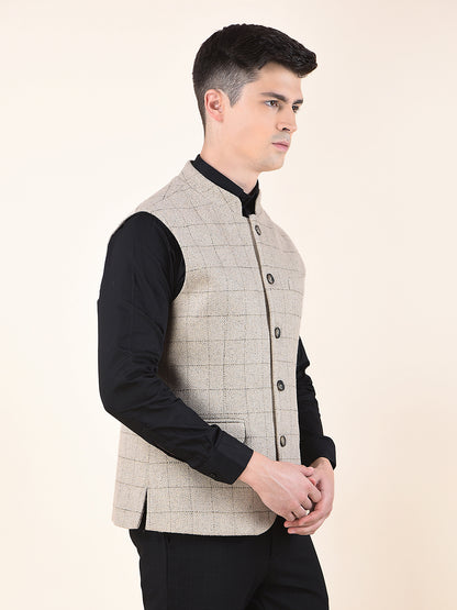 Waist Coat for Men | Premium Casual Waist Coat Regular Fit Mandarin Collar Wool Blend Fabric Checkered Pattern