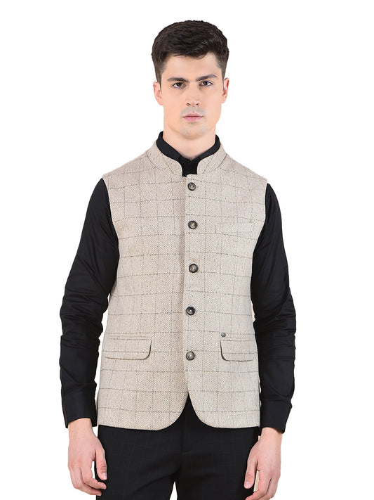 Waist Coat for Men | Premium Casual Waist Coat Regular Fit Mandarin Collar Wool Blend Fabric Checkered Pattern