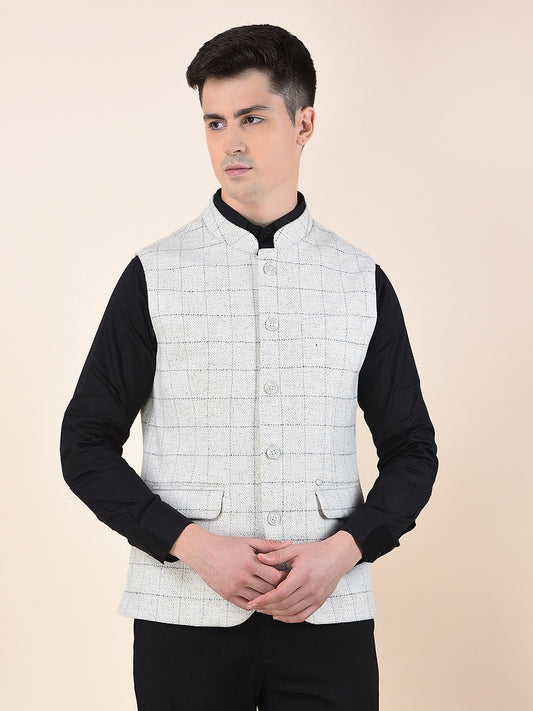 Waist Coat for Men | Premium Casual Waist Coat Regular Fit Mandarin Collar Wool Blend Fabric Checkered Pattern