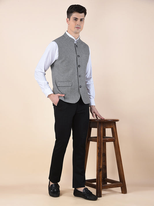 Waist Coat for Men | Premium Casual Waist Coat Regular Fit Mandarin Collar Wool Blend Fabric Self Design Pattern