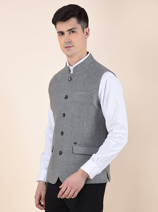 Waist Coat for Men | Premium Casual Waist Coat Regular Fit Mandarin Collar Wool Blend Fabric Self Design Pattern
