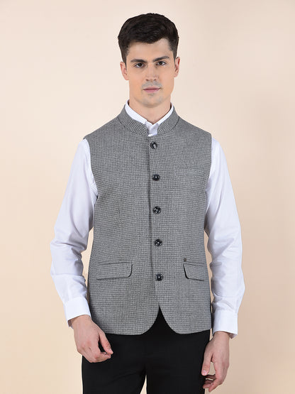 Waist Coat for Men | Premium Casual Waist Coat Regular Fit Mandarin Collar Wool Blend Fabric Self Design Pattern