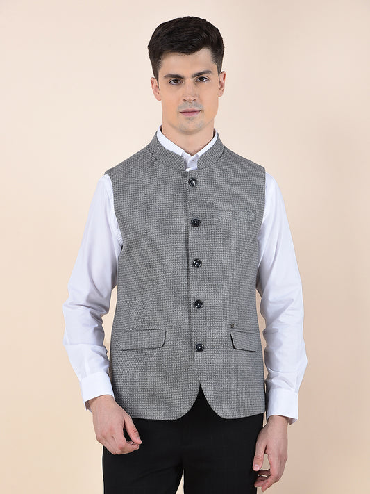 Waist Coat for Men | Premium Casual Waist Coat Regular Fit Mandarin Collar Wool Blend Fabric Self Design Pattern