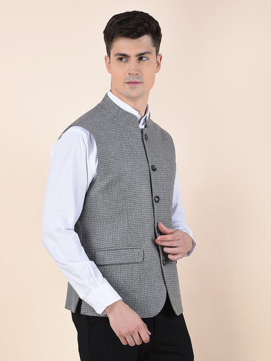 Waist Coat for Men | Premium Casual Waist Coat Regular Fit Mandarin Collar Wool Blend Fabric Self Design Pattern
